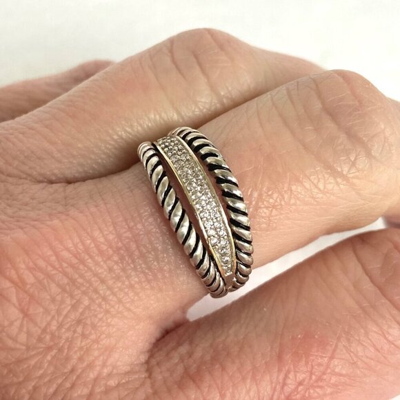 Sterling Silver 925 Gold Accent 2 Row Cubic Zirconia CZ Rope Band Ring Sz 7.75 - Picture 3 of 16